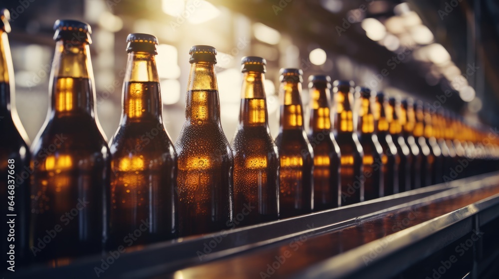 Beer production. Conveyor belt with glass bottles Beer production. Conveyor belt with glass bottles
