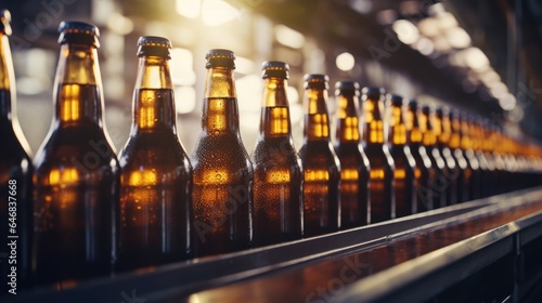 Beer production. Conveyor belt with glass bottles