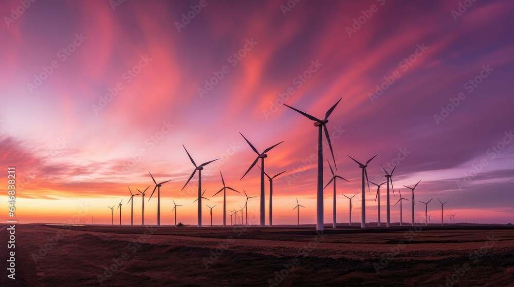 Dynamic shot of wind turbines in a row against a captivating sunset sky with vibrant shades of orange, pink, and purple. Spinning blades create motion blur, symbolizing renewable energy and clean pow - obrazy, fototapety, plakaty 