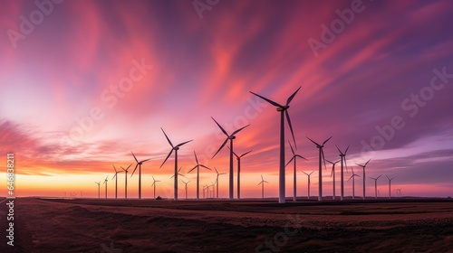 Dynamic shot of wind turbines in a row against a captivating sunset sky with vibrant shades of orange, pink, and purple. Spinning blades create motion blur, symbolizing renewable energy and clean pow