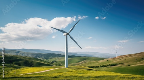 Scenic countryside landscape with wind turbines generating clean energy, surrounded by rolling hills, fields, and lush greenery. A tranquil setting under a cloudy sky, harnessing wind power for susta