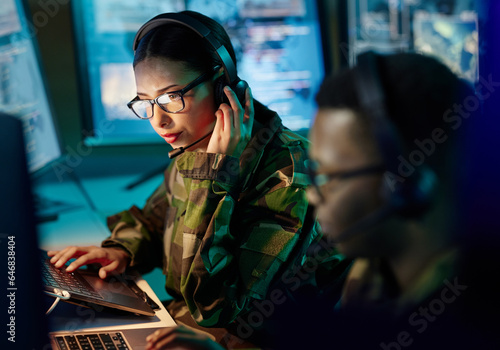 Obraz na plátně Military control room, headset and woman with communication, computer and technology
