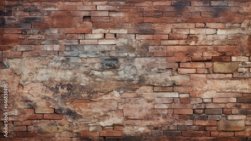 Weathered brick wall close-up with color variation  worn appearance  cracks  moss  and intricate texture. Aged brickwork with weathered surface and worn look.
