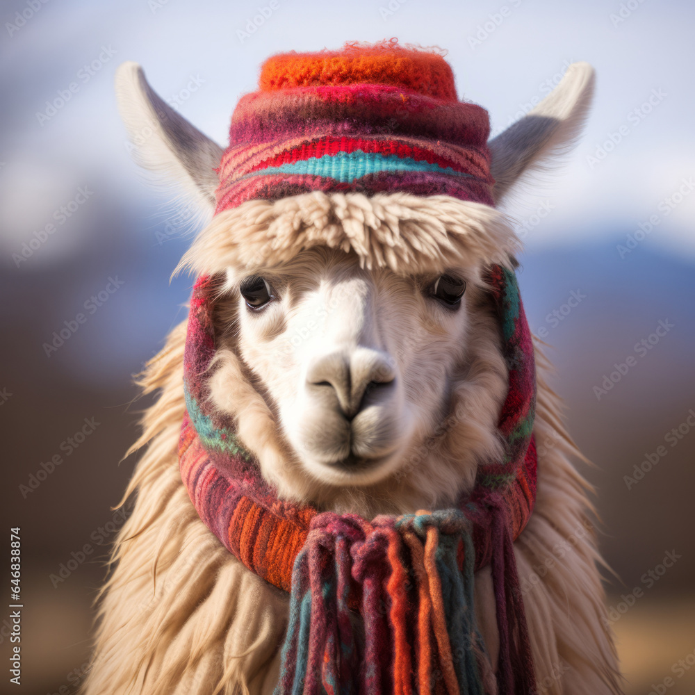 Fototapeta premium Llama in beanie and scarf on snow forest background. Creative marketing campaign concept