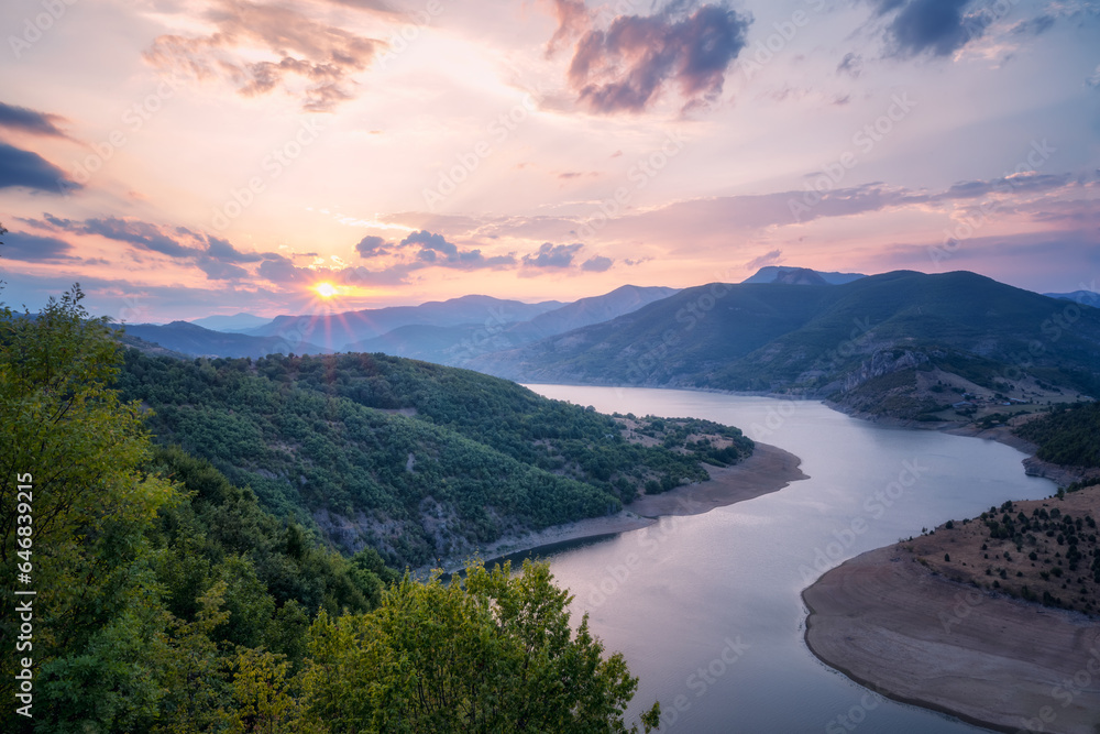 Panoramic sunset view with one of most picturesque meander of Arda river near Kardzhali, Rodopi Mountains in Bulgaria Panoramic sunset view with one of most picturesque meander of Arda river near Kardzhali, Rodopi Mountains in Bulgaria