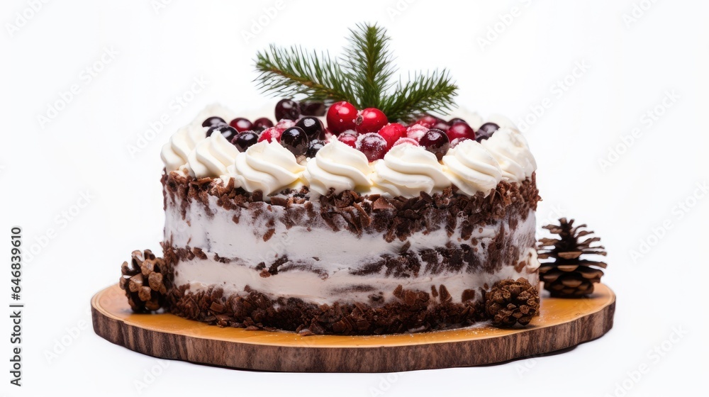 Image of chocolate christmas cake for party with fondant isolated on white background Image of chocolate christmas cake for party with fondant isolated on white background