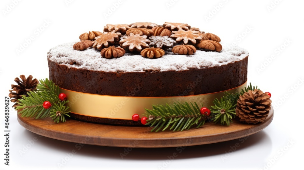 Image of chocolate christmas cake for party with fondant isolated on white background