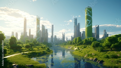 science fiction cityscape, green eco city concept, futuristic high-tech city with advanced infrastructure