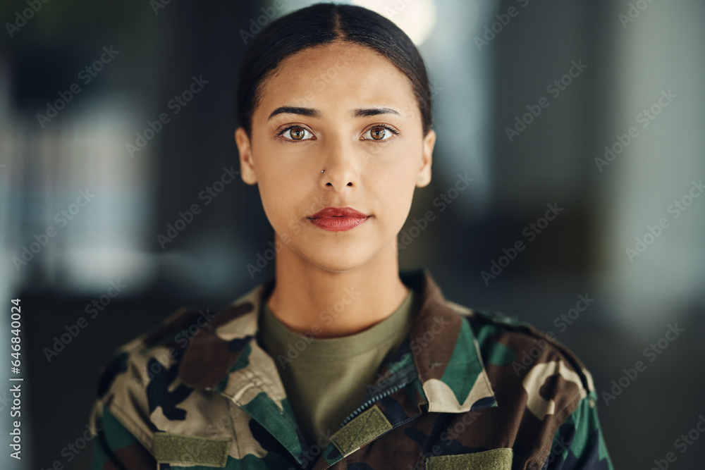 Portrait, soldier and woman with arms crossed, war and confidence with protection, veteran and proud. Face, person and hero with power, service and mindset with warrior, ready for army and military Portrait, soldier and woman with arms crossed, war and confidence with protection, veteran and proud. Face, person and hero with power, service and mindset with warrior, ready for army and military