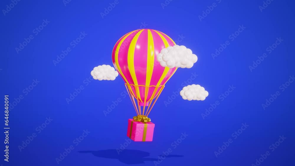 3d animated illustration of flying gift box with hot air balloon and ...