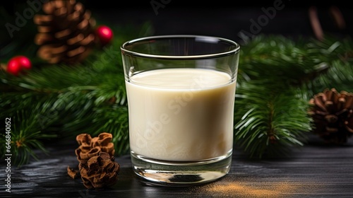 Image of homemade delicious eggnog with cinnamon in glass on wooden table.