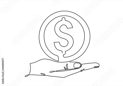 Continuous one line drawing of hand picking dollar sign. Thin line image of woman hand holding money concept. Vector illustration for banner, template, poster, infographics, business web, app.