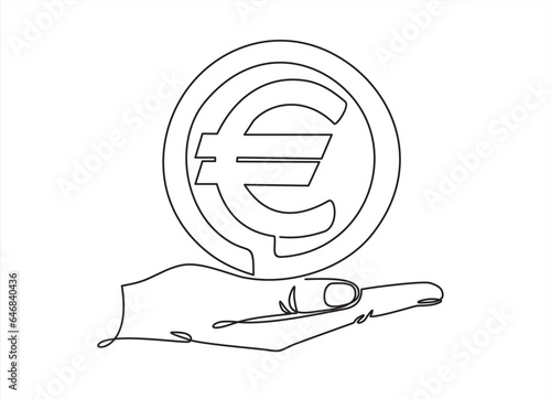 Continuous one line drawing of hand picking euro sign. Thin line image of woman hand holding money concept. Vector illustration for banner, template, poster, infographics, business web, app.