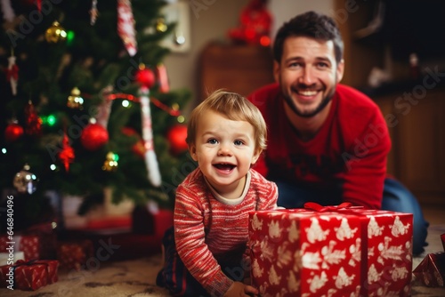 Toddler boy and father  at Christmas in living room with Christmas presents and tree  empty copy space Generative AI