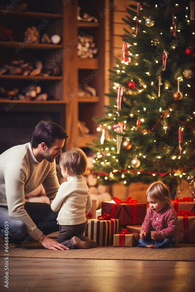 Toddler boy and father, at Christmas in living room with Christmas presents and tree, empty copy space Generative AI Toddler boy and father, at Christmas in living room with Christmas presents and tree, empty copy space Generative AI
