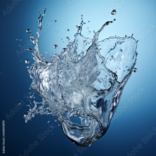 A spherical splashes of water, transparent, gel, freshness, dramatic movement, blue background