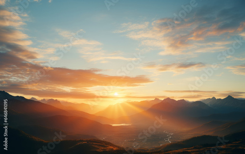 Sunrise on beautiful mountain peaks. Golden Hour. Landscape, travel hiking concept. © AllistairBot/Peopleimages - AI