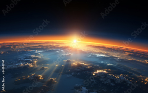 Aerial shot of sun rise over earth. Golden hour concept.Aerial shot of sun rise over earth. Golden hour concept.Aerial shot of sun rise over earth. Golden hour concept. © AllistairBot/Peopleimages - AI