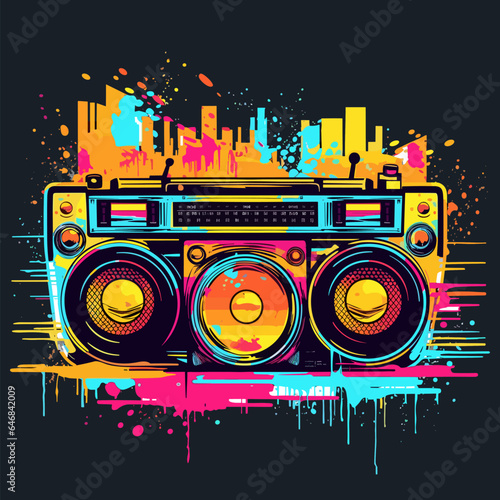 Portable cassette retro player boombox in abstract graffiti style with brush strokes and paint splatters. Colorful vector illustration, isolated on background. photo