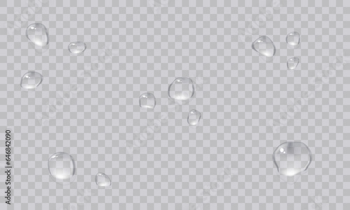 Vector water droplets. PNG droplets, condensation on glass, on various surfaces. Realistic droplets on a transparent isolated background. PNG.