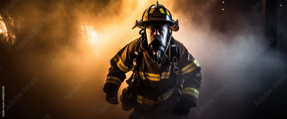 Portrait of a male firefighter in equipment against the smoke from the fire Portrait of a male firefighter in equipment against the smoke from the fire