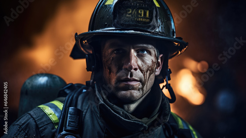 Portrait of a male firefighter in equipment against the background of a fire