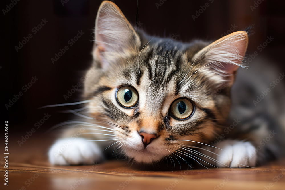 A small cat lying on the floor. A small cat lying on the floor.