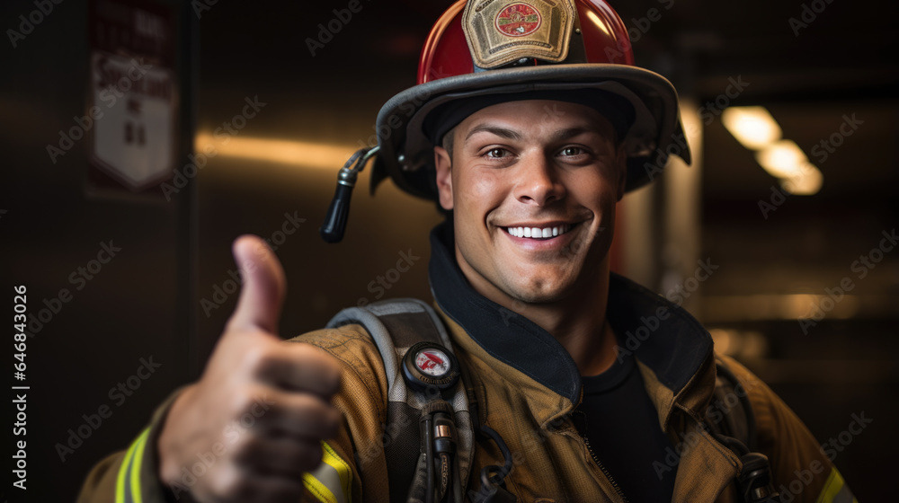 Firefighter portrait on duty. Photo of happy fireman near fire engine with thumb up Firefighter portrait on duty. Photo of happy fireman near fire engine with thumb up