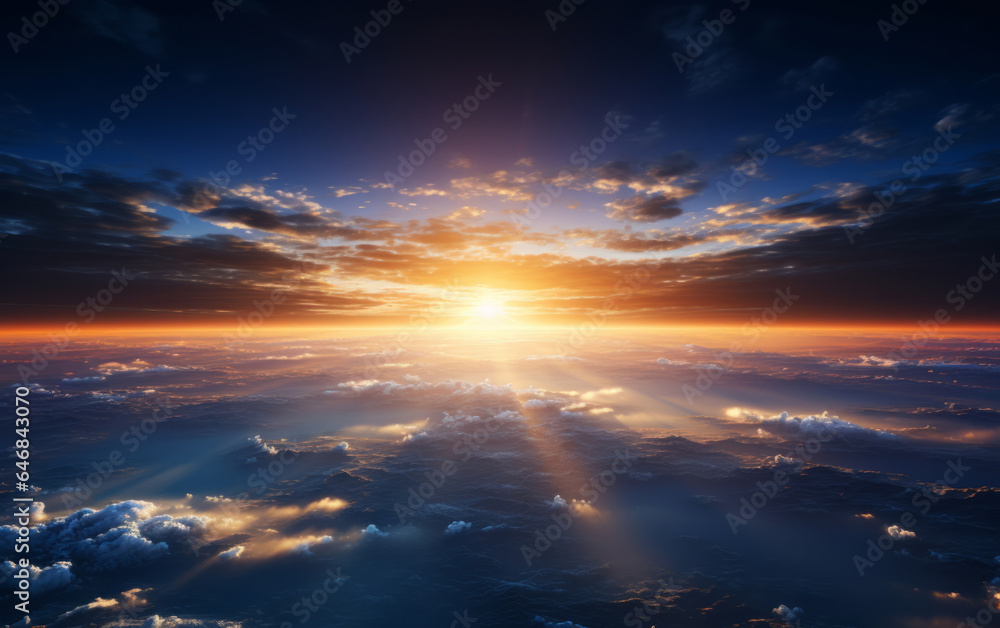 Aerial shot of sun rise over earth. Golden hour concept.