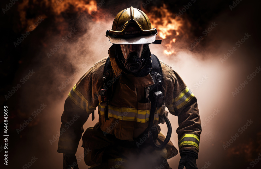 Fototapeta premium Portrait of a male firefighter in equipment against the smoke from the fire