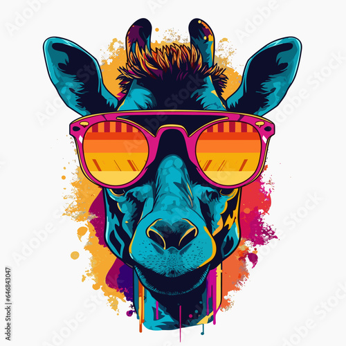 Portrait of a giraffe head wearing stylish sunglasses. Color vector illustration in abstract graffiti style, isolated.