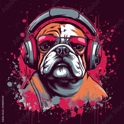 Portrait of a cheerful bulldog DJ wearing headphones and sunglasses in abstract graffiti style. Colorful vector illustration isolated on dark background.