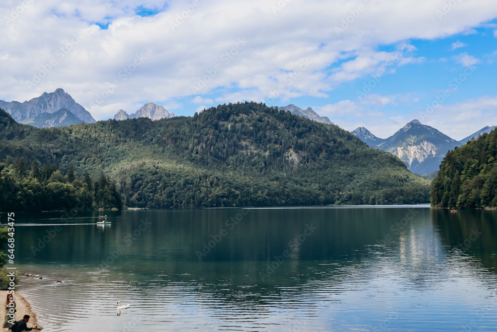 Schwangau, Germany - August 12, 2023: The Alpsee, a lake in the Ostallgau district of Bavaria, Germany.