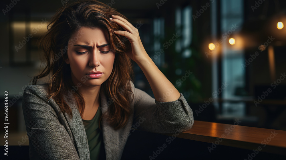 Businesswoman in depression sitting in her work office holding her head with hand, suffering from overwork, stress or job loss Businesswoman in depression sitting in her work office holding her head with hand, suffering from overwork, stress or job loss