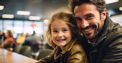 Father and child smile while waiting for an airplane in the airport waiting area © MP Studio