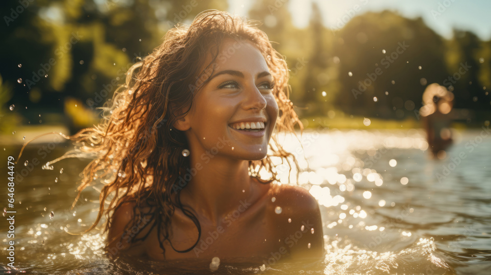Fototapeta premium Young women swimming in lake. Warm summers day. Sun flare reflecting on water.Young women swimming in lake. Warm summers day.