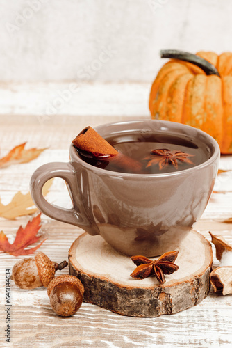 Cup of tea with cinnamon and spices with pumpkin at the background, autumn concept