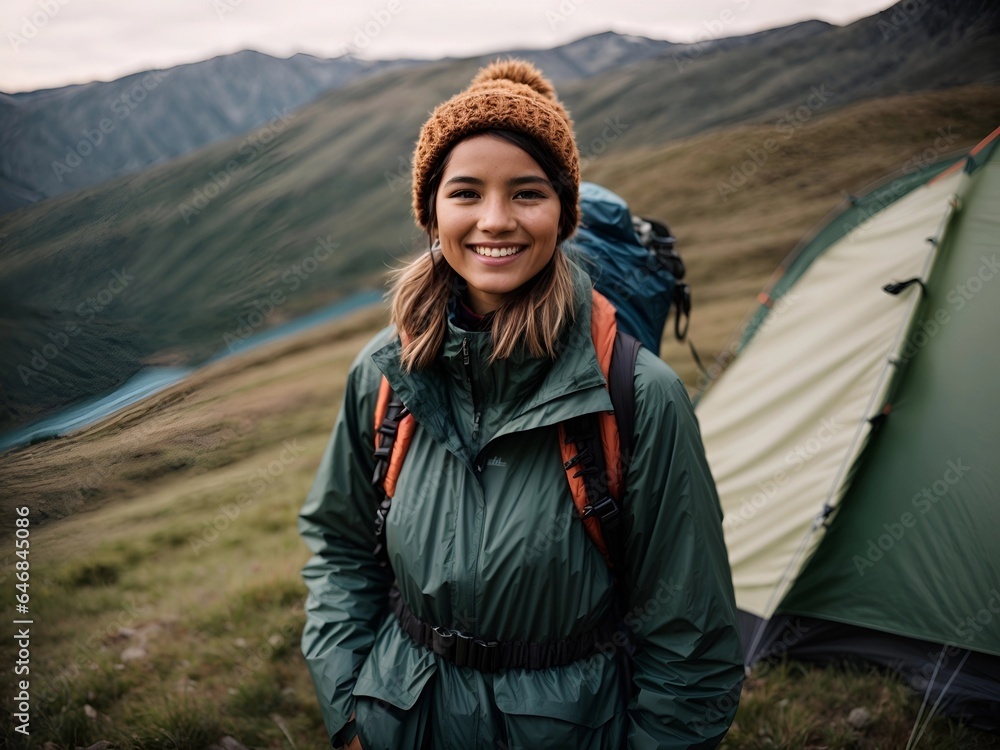 young women Dressed in trekking gear, smiling, standing, and tent.