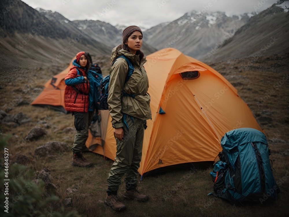 young women Dressed in trekking gear, standing, and tent.