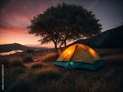 Outdoor camping photo. tent in the middle of nature, beautiful landscape. natural, protected area. nighttime.