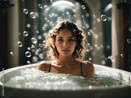 young woman in the bathtub bubbles in a luxury bathroom