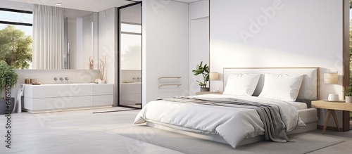 a king-size bed in a white bedroom corner with a small bathroom in the background. © Vusal