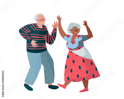 American female dancing with man. Concept of happy retirement. Recreation and active life for seniors. Flat vector illustration in yellow and orange colors
