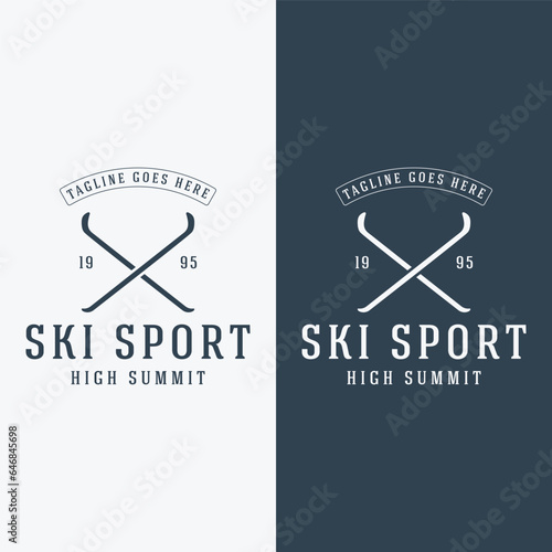 Retro ski sport template Logo element on vintage winter, with skis and mountain.Logo for ski sport, club, badge and label.