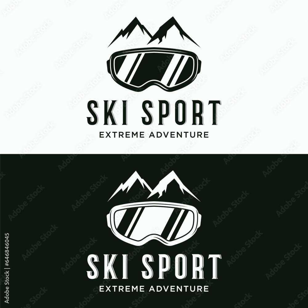 Retro ski sport template Logo element on vintage winter, with skis and mountain.Logo for ski sport, club, badge and label. - obrazy, fototapety, plakaty 