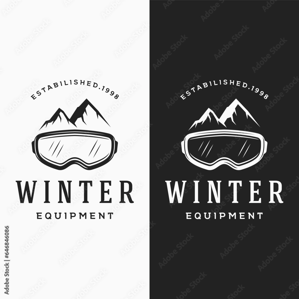 Retro ski sport template Logo element on vintage winter, with skis and mountain.Logo for ski sport, club, badge and label.