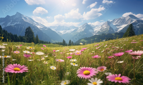 Serene alpine meadow filled with vibrant pink daisies