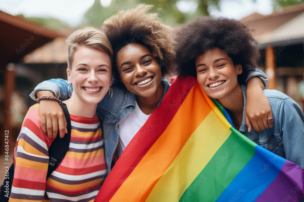 LGBTI people with a rainbow flag in a parade LGBTI people with a rainbow flag in a parade