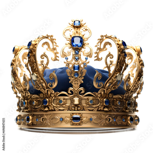 golden crown with blue gems, isolated on transparent background, Generative AI