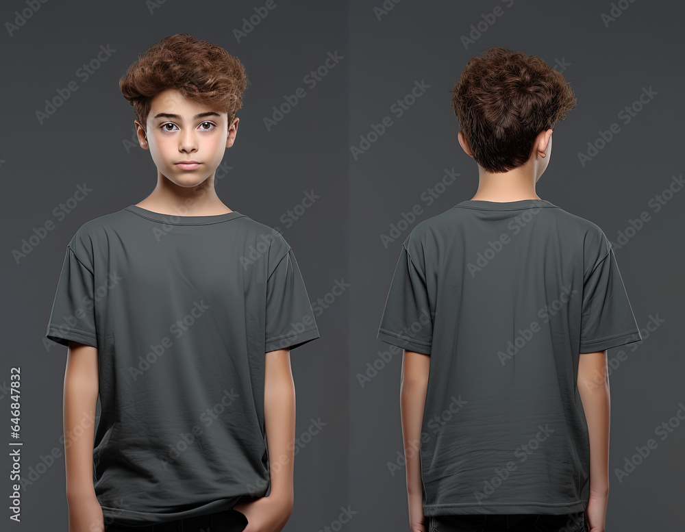 Front and back views of a little boy wearing a grey T-shirt Front and back views of a little boy wearing a grey T-shirt